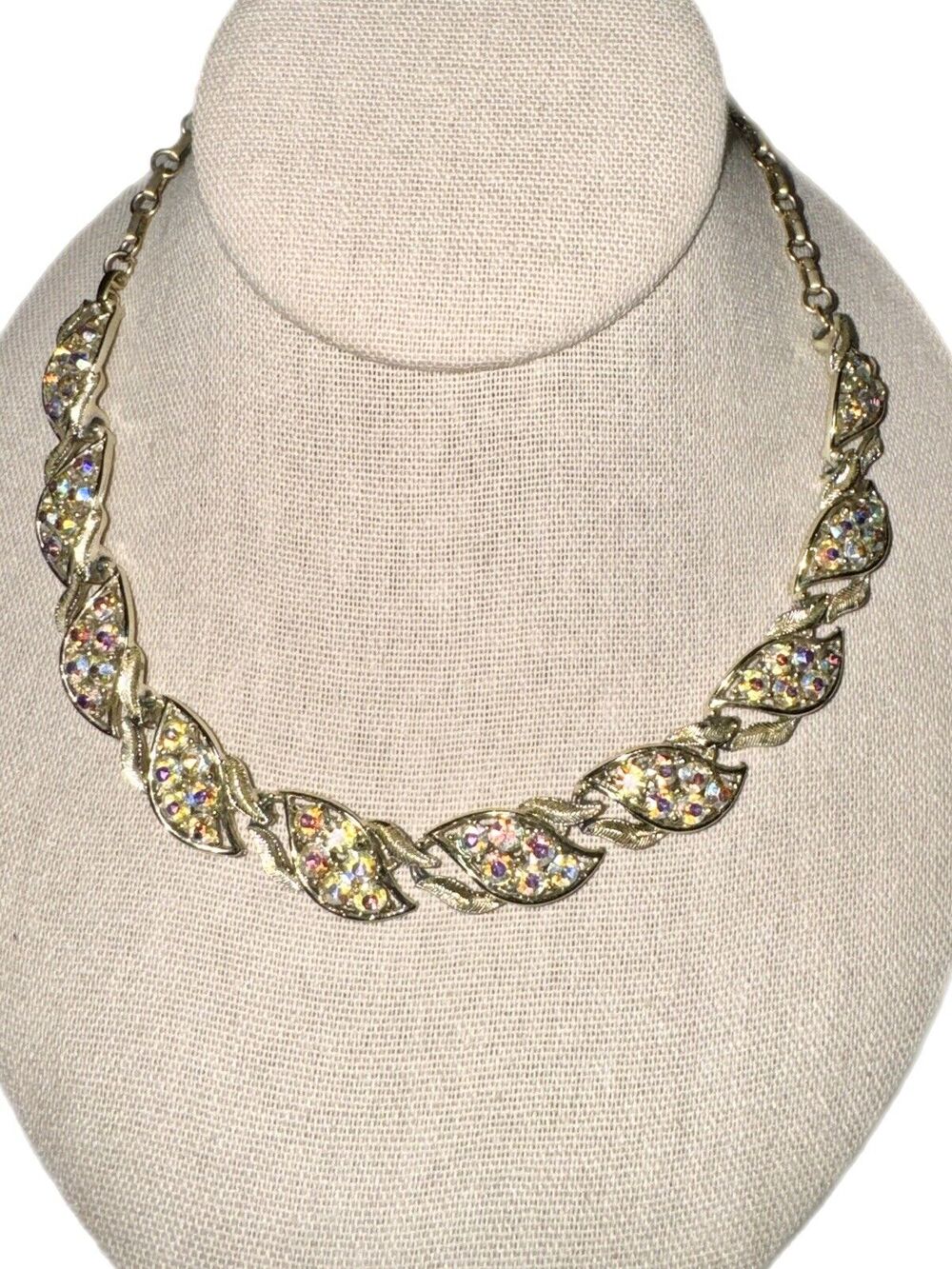 Coro Vintage Gold Tone Necklace AB Rhinestone Aurora Borealis Crystals Choker